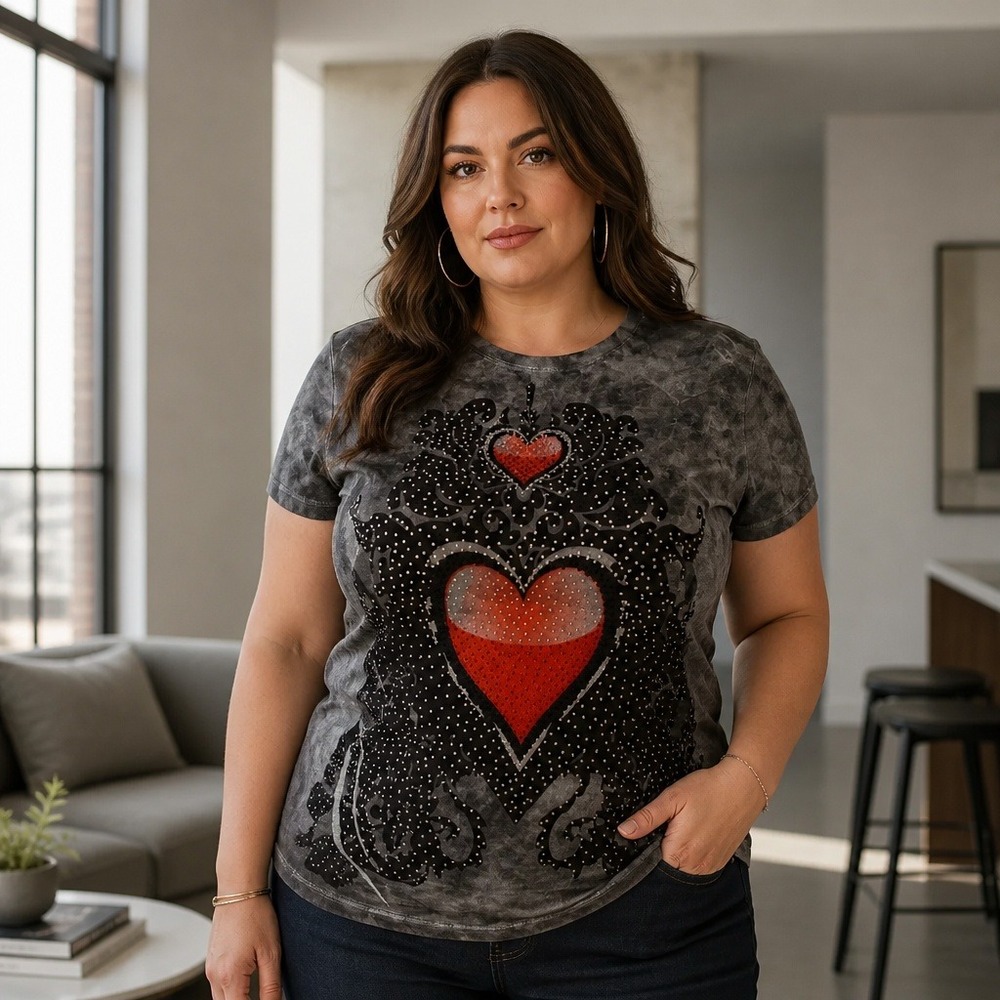 Hip Tee Womens Large Gray Acid Wash Heart Rhinestone Graphic T-Shirt CS-304 NWT